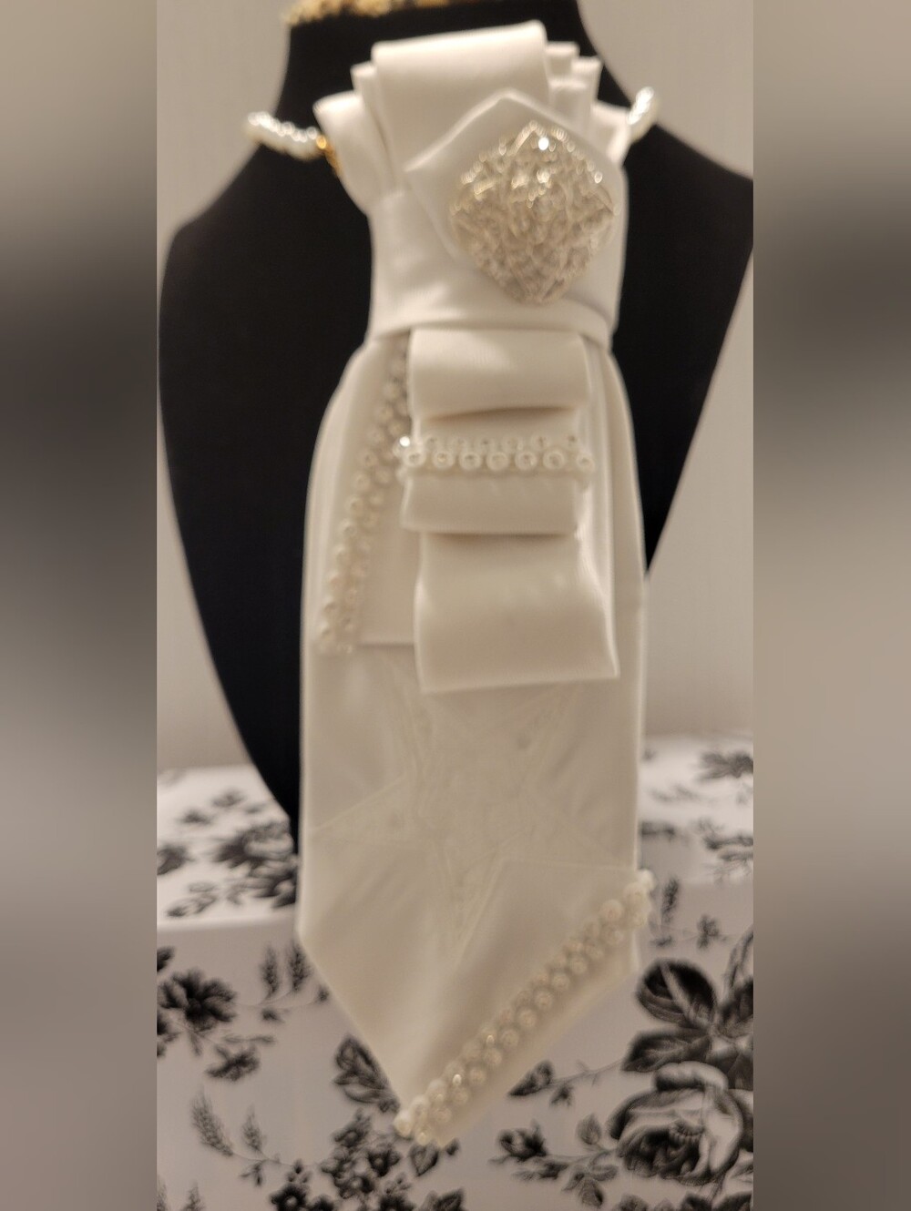Ivory Satin Tie with Pearl Trim